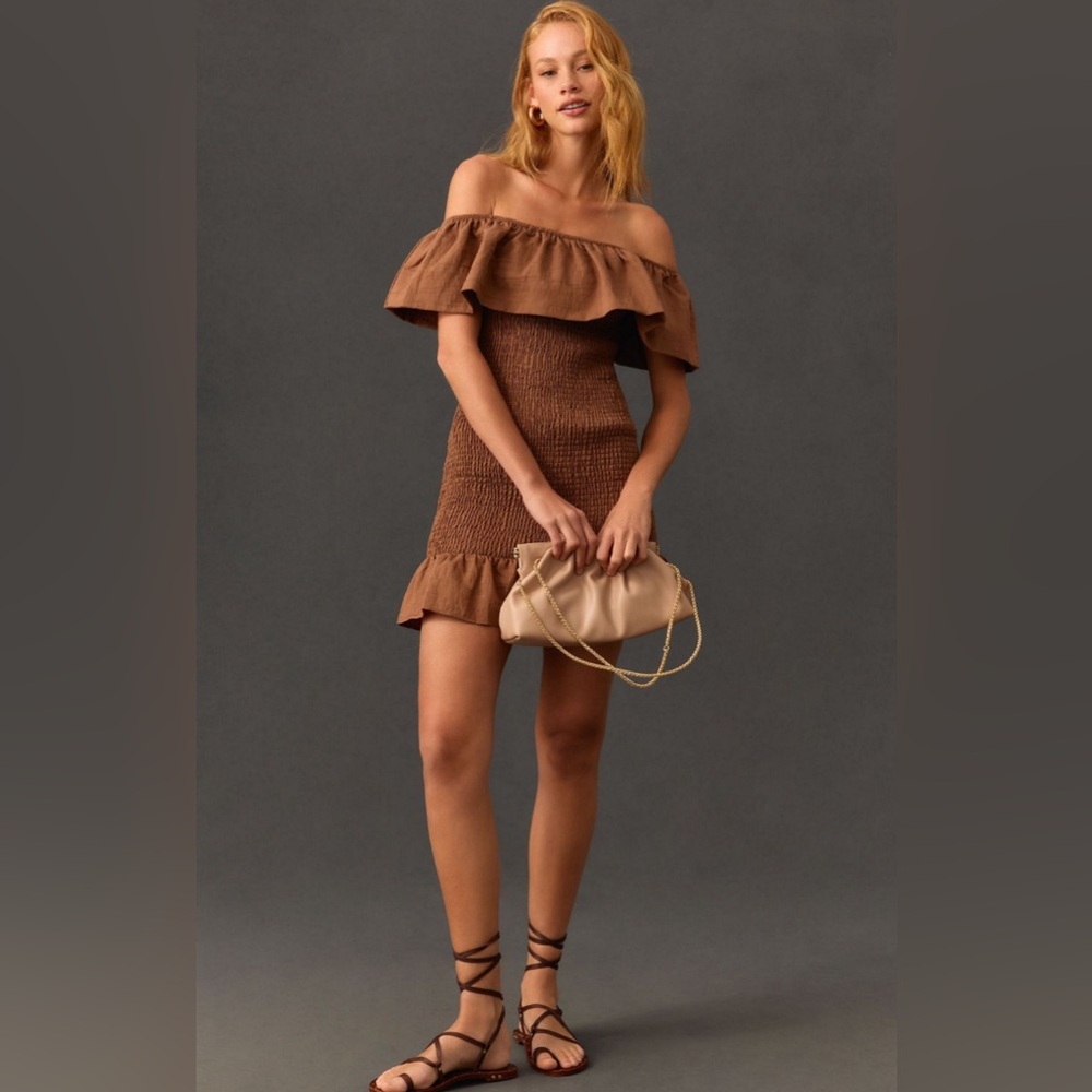 Anthropologie Off The Shoulder Smocked Mini Dress